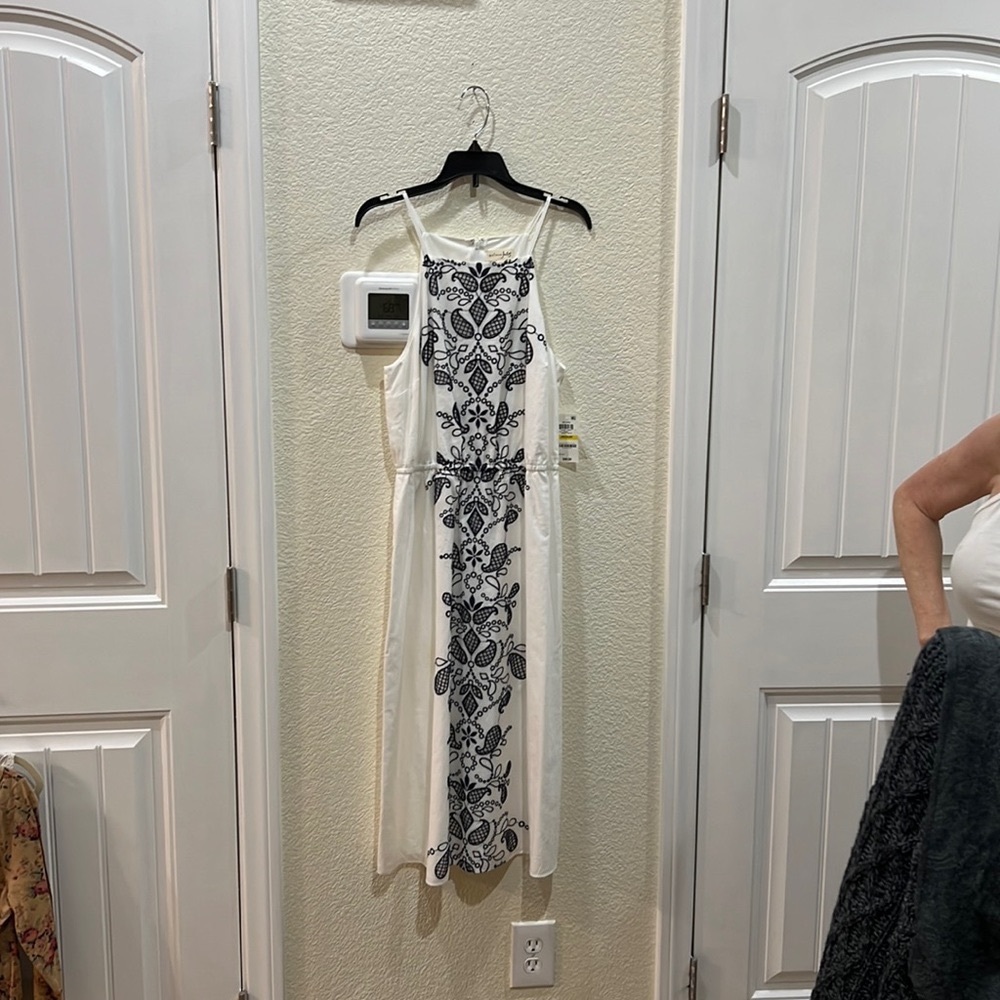 NWT. Maison Jules Navy Blue and White Embroidered Dress with Skinny Straps